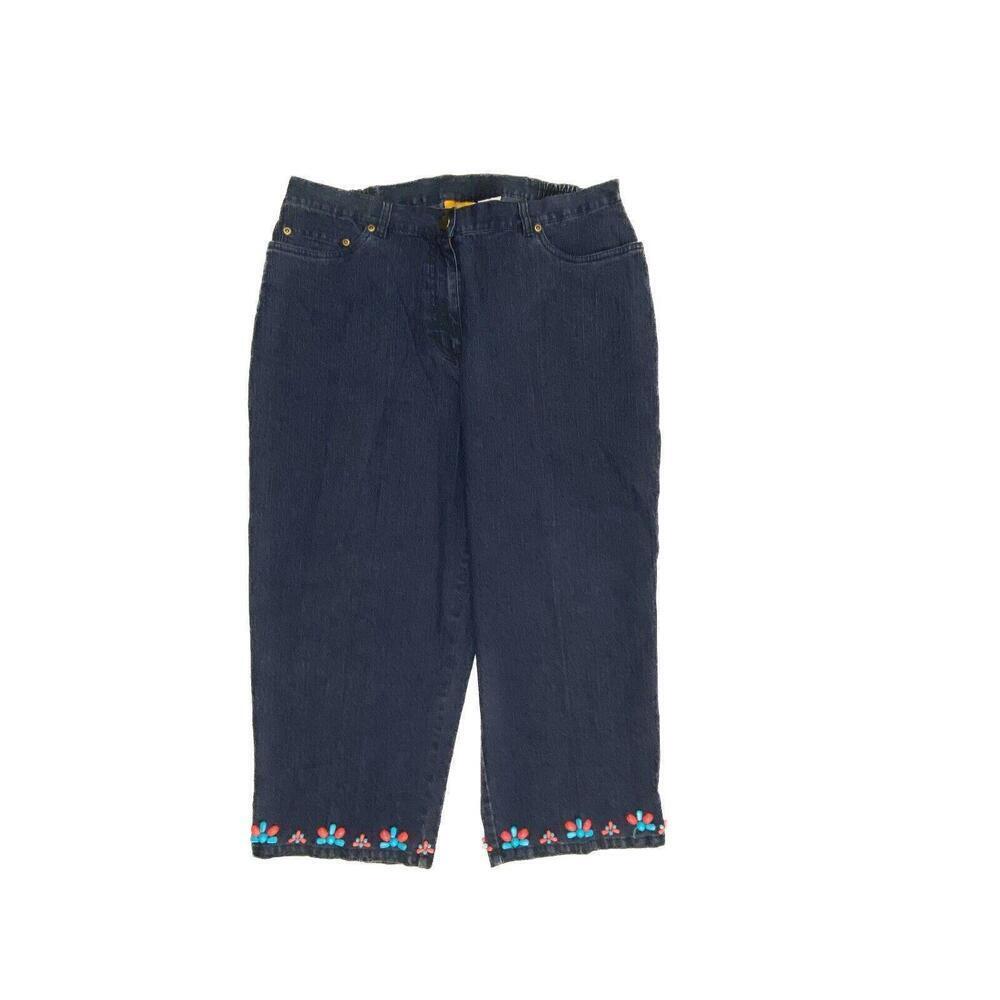 Ruby Rd Side Elastic Capri Beaded Hem Women's size 14P Dark Blue Denim Jeans
